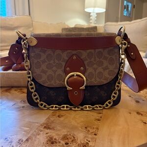 Coach Brown and Tan Crossbody Bag with Signature Monogram